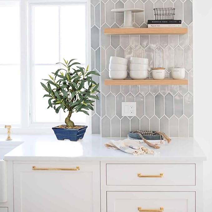 Briful Small Olive Trees Artificial Decor 18'' Fake Olive Plant with Blue Bonsai Pot Decorative Olive Tree for Home Office Countertop Kitchen Table Farmhouse Decor