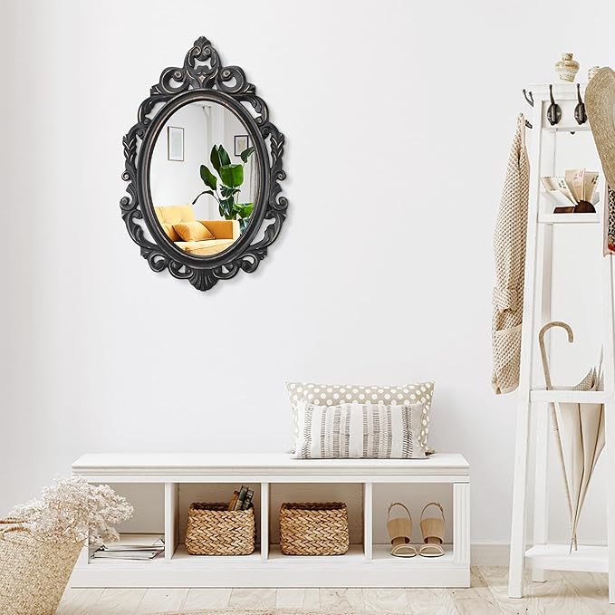 Black Oval Wooden Frame Vintage Wall Mirror Baroque Style Arendahl Traditional Carved Hanging Mirror for Wall Decorative Antique Mirror Aesthetic for Vanity Bedroom Living Room Kitchen Entryway