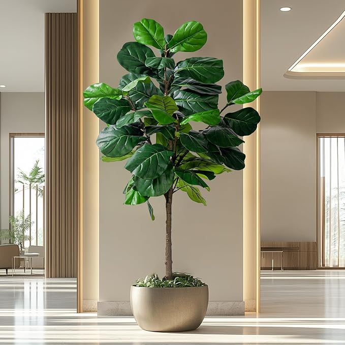 Artificial Fiddle Leaf Tree-6ft Faux Plant Fake Ficus Lyrata Tree Artificial Fig Silk Trees with Pot Floor Plants for Home Living Room Decor Indoor(No Planter