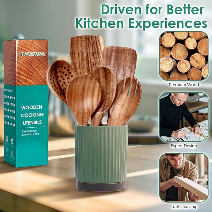 Kitchen 6-Piece Teak Wood Kitchen Utensil Set – Wooden Cooking Spoons with Spatula, Turner & Serving Spoon, Smooth Finish Comfort Grip, Nonstick Safe by Howhong