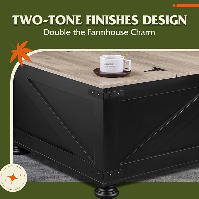 WLIVE Farmhouse Lift Top Coffee Table with Storage, 31.5" Square Center Table, Flip-Top Hidden Compartment, Wood-Grain Coffee Table for Living Room, Bedroom, Black