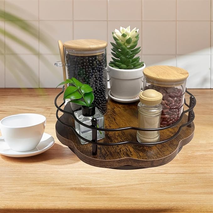 12" Lazy Susan Turntable Organizer with Higher Metal Sides, Wooden Lazy Susan Spice Rack Organization and Storage for Cabinet,Kitchen,Countertop,Table Top,Dining Table,Coffee Bar Decor