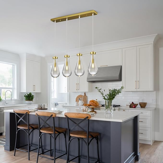 Raindrop Pendant Lights Kitchen Island Teardrop Gold Hanging Light Fixtures Clear Solid Glass Pendant Light Modern Chandeliers for Dining Room Porch Corridor Living Room(Long Plate-4 Lights)