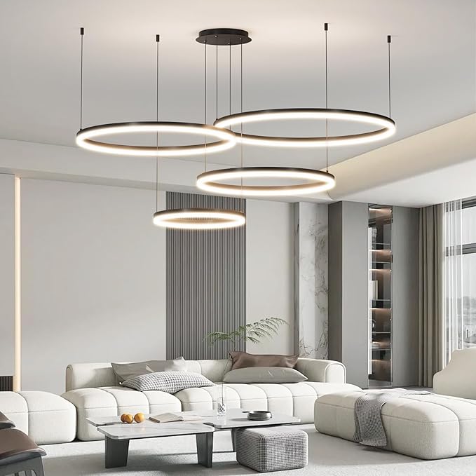 Modern LED Chandelier Light, 4 Ring Black Pendant Lighting Fixture, Adjustable Hanging Ceiling Lamp for Dining Room, Kitchen Island, Entryway, Living Room, Dimmable Dining Light Over Table