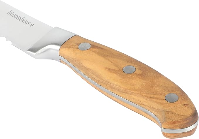 Bloomhouse 7 Piece Italian Olive Wood Kitchen Knife Block Set w/German Forged Stainless Steel Knives