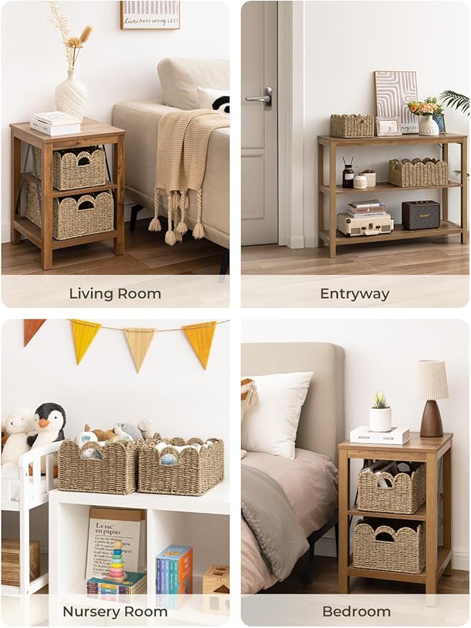 StorageWorks Scalloped Edge Wicker Basket, Hand-woven Rattan Baskets with Built-in Handles, Seagrass Basket for Organizing and Decor, 2 Pack