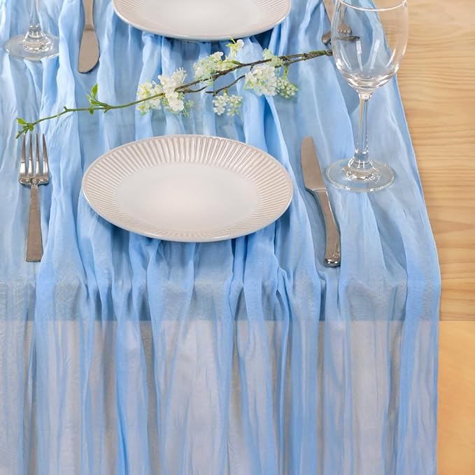 MLMC 3 Pack Light Blue Cheesecloth Table Runner Baby Blue Table Runner 10ft Sheer Rustic Cheese Cloth Baby Shower Decorations 35x120 Inches for Fall Birthday Gender Reveal Baby Shower Wedding Decor