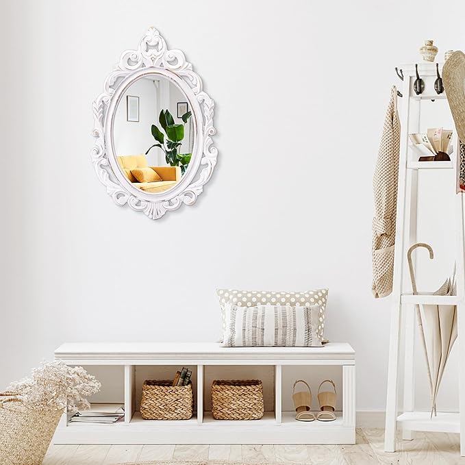 Wall Mirror Oval Baroque Style Vintage Mirrors for Wall Wooden Hanging Arendahl Traditional Mirror Decorative for Bathroom Bedroom Living Room Entryway Decor 24"x16" White