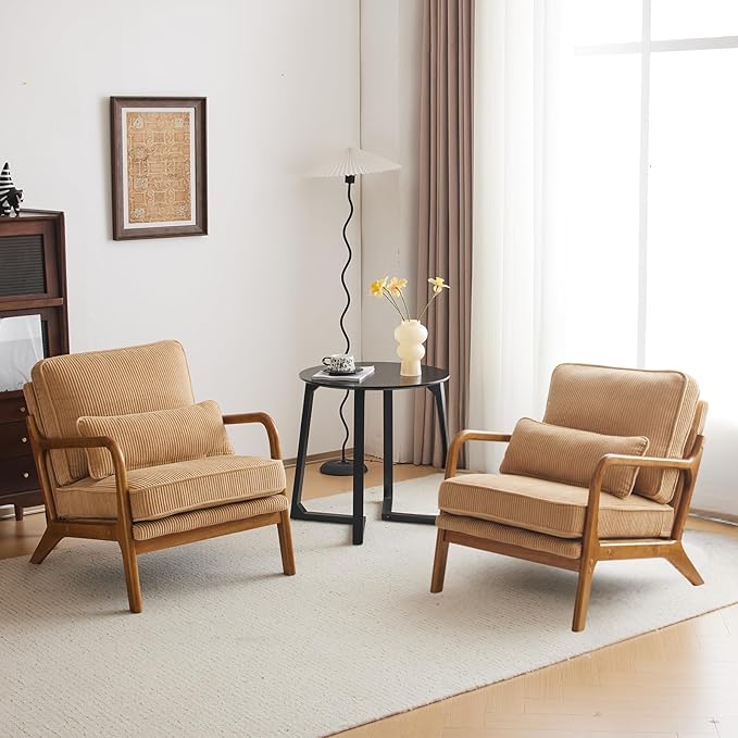 Karl home Mid-Century Modern Accent Chair, Living Room Chairs with Pillow Upholstered Lounge Armchair with Solid Wood Frame & Soft Cushion for Bedroom, Reading Room, Corduroy Khaki (Low Back)