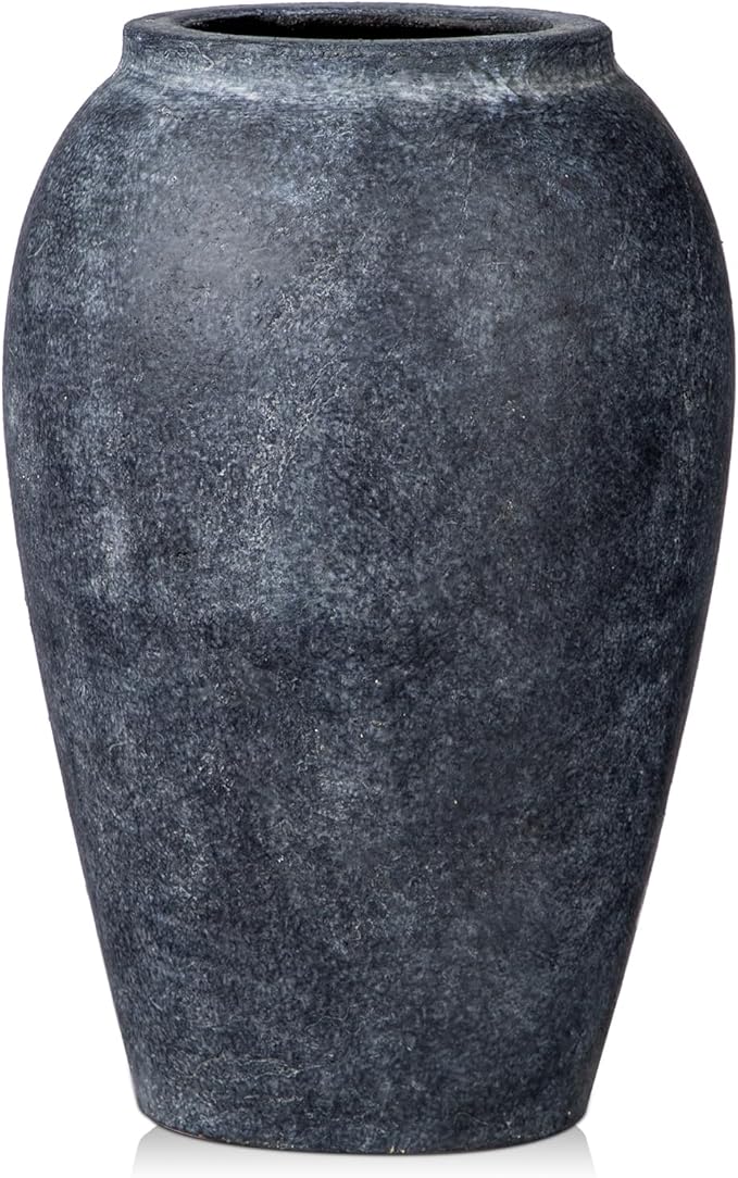 Handcrafted Flower Vase, 10.5" Tall Terracotta Vintage Black Ceramic Vases, Rustic Antique Vase Décor, Wide Mouth, Matte Finish for Home Office Resto Café Décor