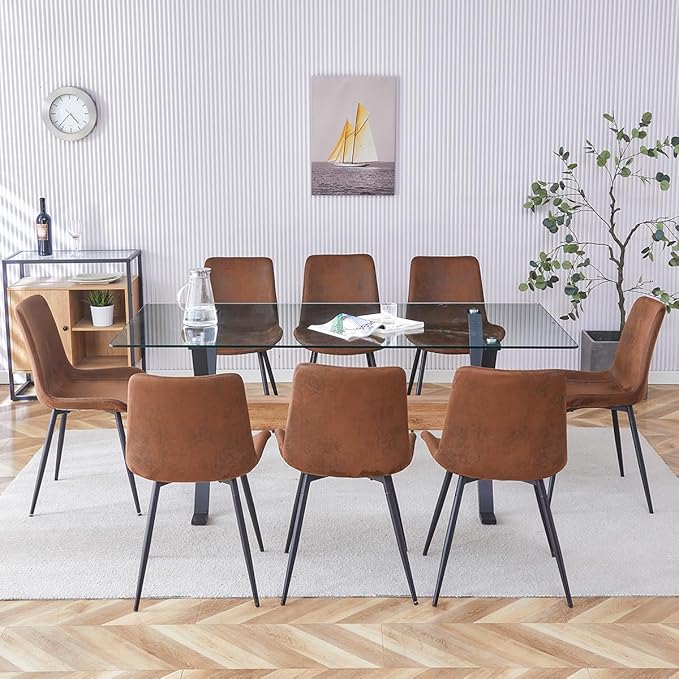 9 Piece Glass Dining Table Set, Kitchen Table Chairs Set for 8, 71'' Dining Table with 0.4" Tempered Glass Tabletop with Plated Metal Legs and MDF Crossbar, 8 Suede Chairs for Dining Room, Kitchen.