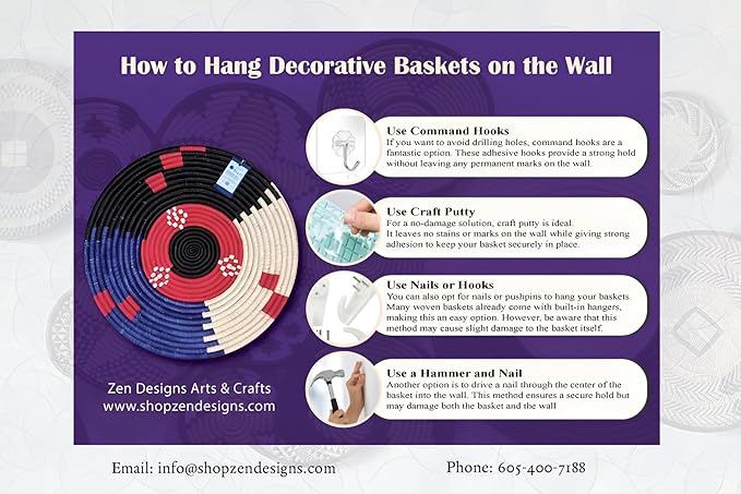 Handwoven African Basket Handmade sisal Fruit Bowl Wall Hanging decorative Baskets for Home Living Room Kitchen Centerpiece Zen Designs Arts and Crafts (Royal Blue Floral, 12in diameter)