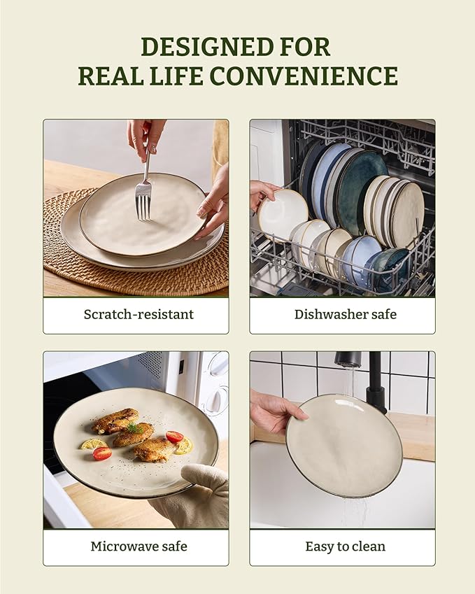 Famiware Dinnerware Sets for 4, Ocean Round 12-Piece Kitchen Plates and Bowls Sets, Microwave and Dishwasher Safe, Scratch Resistant, Light khaki