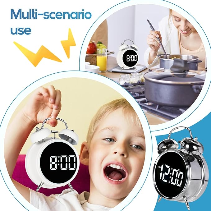 Extra Loud Alarm Clock for Heavy Sleepers Adults, Teens,Kids,Cute Retro Metal,Old Fashioned with Twin Bells,Battery Operated or Plug in,Small Digital Desk Clock