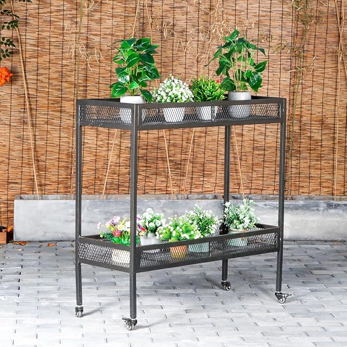 2-Tier Metal Plant Stand - Indoor/Outdoor Aluminum Shelf with Universal Wheel - Aesthetic Display Rack for Multiple Plants - Ideal for Lawn, Garden, Balcony, and Patio