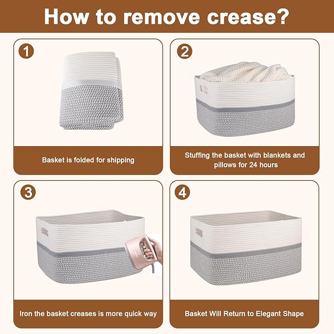 OIAHOMY Extr Large Toy Storage Basket, Rectangle Cotton Rope Storage Basket, Blanket Basket Living Room, Woven Baskets for Organizing, 25 x 16 x 16 Inches-Grey/White