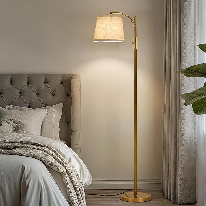 AIDENOEY Fully Dimmable Floor Lamp for Living Room,Standing Lamp Rotary Switch with Linen Beige Shade,Golden Tall Lamps for Bedroom with Adjust Head,9W LED Bulb Included