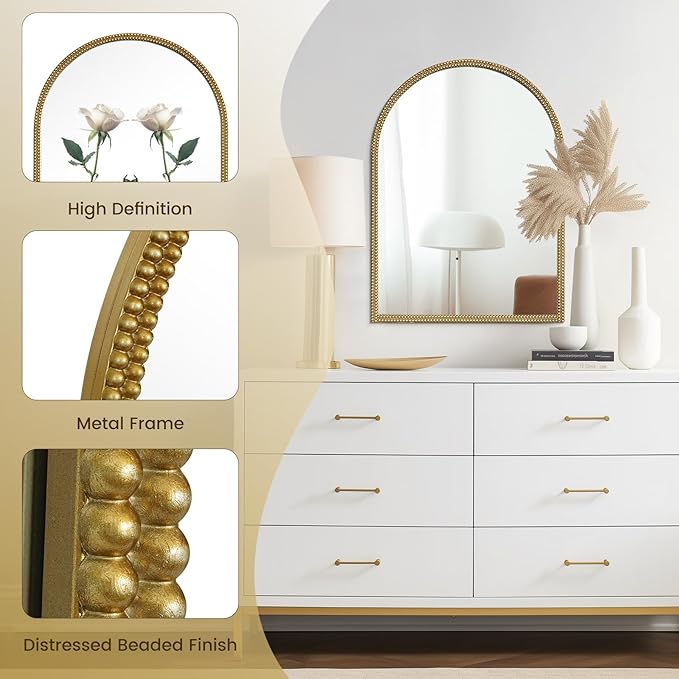 WallBeyond Gold Vintage Mirror for Vanity 22x30 Inch, Gold Antique Mirror with Ornate Beaded Frame for Bathroom, Living Room, Fireplace, Entryway