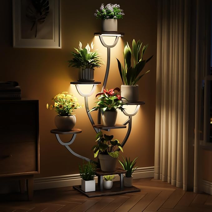 Plant Stand Indoor with Grow Lights - 44.2" Tall Plant Shelf, Lighted Corner Plant Stands for Indoor Growing, 7 Tiered Metal & Wood Plant Holder Display Shelves for Living Room, Patent Design - C4