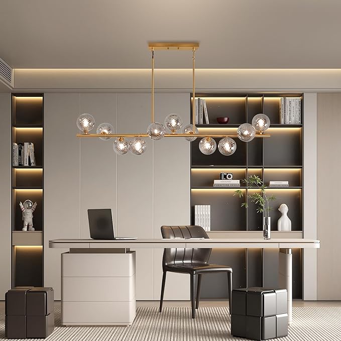 Dining Room Light Fixture, 55inch Modern Chandeliers for Dining room,11 Lights Gold Linear Chandelier with Gray Globe Glass Brass Sputnik Chandeliers over Table Large Pendant island Lights for Kitchen