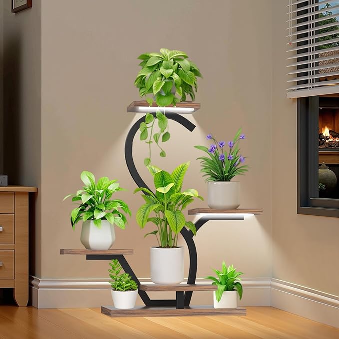 Plant Stand Indoor with Grow Lights - 5 Tiered Plant Shelf Indoor, 30"Corner Plant Stand for Indoor Plants,S-Shaped Metal Plant Stands for Multiple Plants, Flower Rack for Living Room, Balcony, Patio