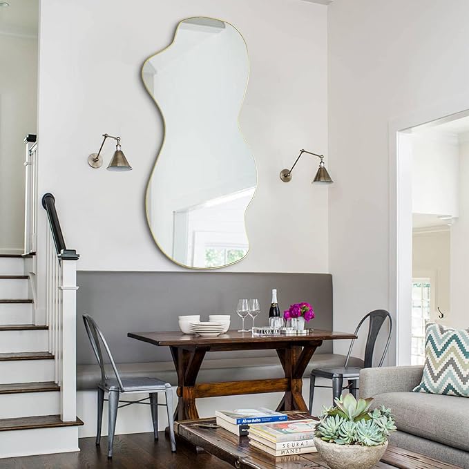 POZINO Irregular Wall Mirror, Gold Asymmetrical Mirrors Decorative, 47.2"x21.6" Large Wavy Shaped Mirror, Modern Frameless Wall Mirrors for Living Room Bathroom Bedroom Hallway Entryway Fireplace