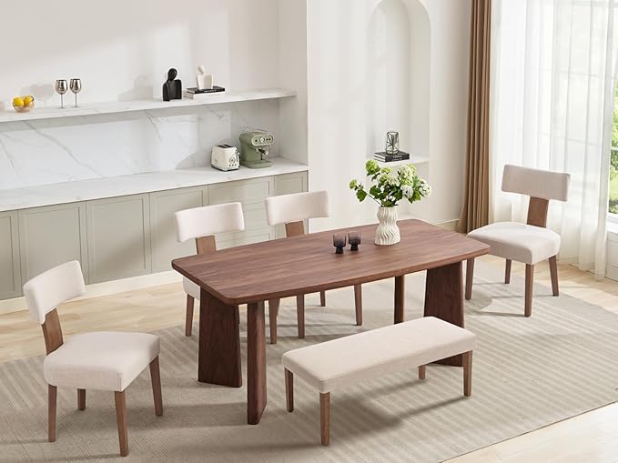 Wooden Dining Table Set of 4, Farmhouse Rectangular Dining Room Table with 4 Upholstered Beige Dining Room Chairs, Natural Frame, Modern Walnut Kitchen Table and Linen Chairs Set for Home