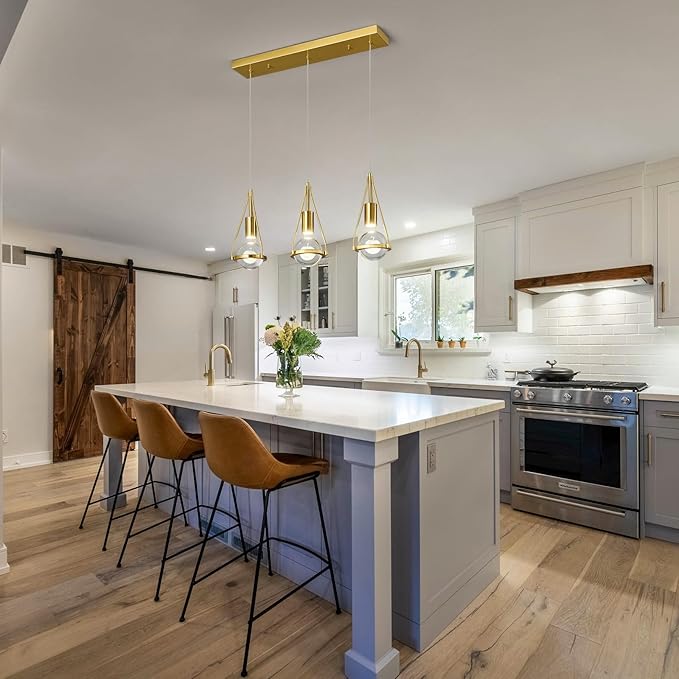 Gold Dandelion Pendant Light in Brushed Brass Finish, 3 Light Modern Crystal Kitchen Island Pendant Lighting Dimmable LED Hanging Ceiling Light Fixture for Kitchen Island Bedroom