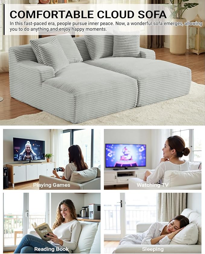 Oversized Double Chaise Lounge, Corduroy Boneless Couch, Modern Oversized Chaise Lounge, Upholstered Sleeper Sectional Sofa Daybed with Throw Pillows and Armrest for Living Room, Light Grey