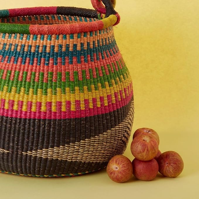 Home & Kitchen Decor, Wicker Basket, Picnic Basket, Living Room Basket, Organizing, Harvesting, Foraging, Fruit Storage, Hand Woven, Pot Shape, 16" Wide, Boho - Black Colorful