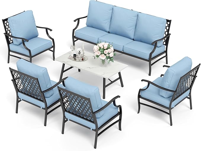 HERA'S HOUSE 6 Piece Patio Furniture Set, 4 x Fixed Metal Cushioned Chair, 1 x 3-Seat Sofa with Marbling Coffee Table, All Weather Outdoor Conversation Set for Lawn Garden Backyard, Blue