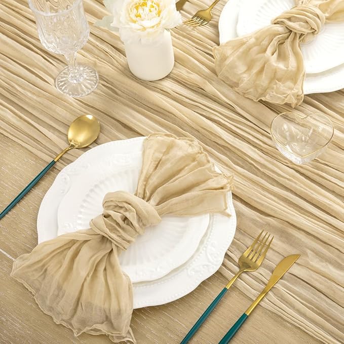 MLMC 8 Pack Champagne Table Runner 10ft Rustic Sand Cheesecloth Fall Table Runner Bulk 35x120 Inches Neutral Gauze Cheese Cloth Centerpiece for Outdoor Wedding Bridal Shower Gathering Party Decor