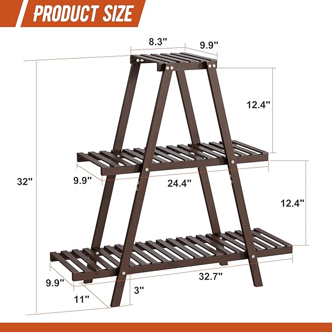 Plant Stand Indoor Plant Shelf Outdoor bamboo Plant Rack, 3 Tiers Ladder Plant Holder Flower Stand for Living Room Balcony Garden Patio,Living Room Boho Home Decor for Gardening Gifts (Brown)