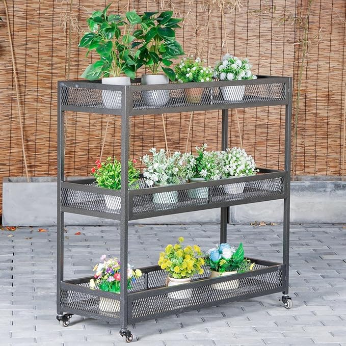Outdoor Heavy-Duty 3-Tier Moving Garden Cart Sturdy Metal Plant Stand with High-Capacity Load & Rotating Wheels
