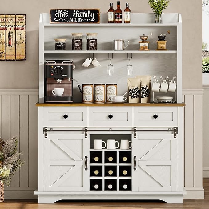63 Inch Coffee Bar Cabinet with 3-Tier Storage, Kitchen Storage Cabinets with 3 Drawers, Farmhouse Coffee Bar with 9 Racks, 3 Glass Holders, Wine Bar for Living Dining Room, White