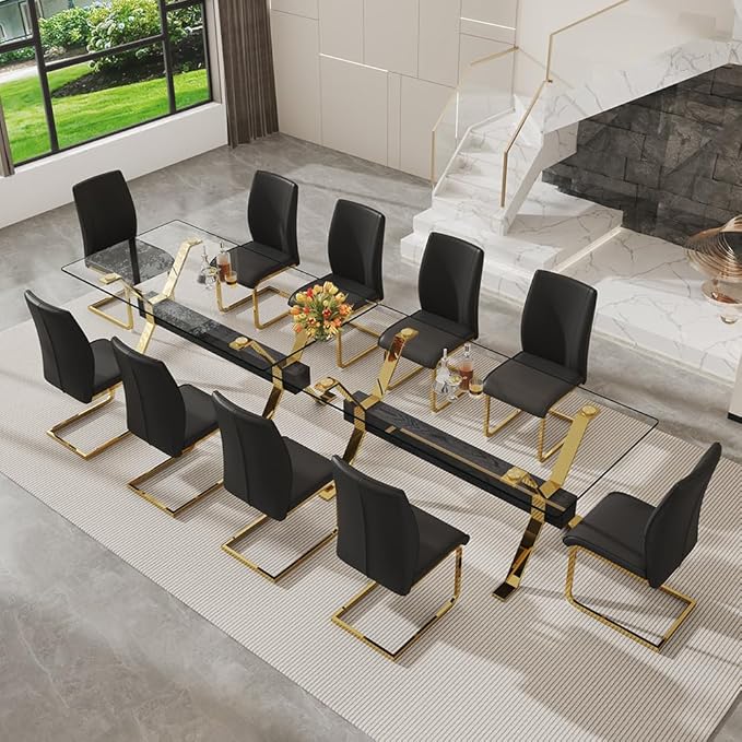 71'' Modern Dining Table Set for 6,7 Piece Glass Dining Table Set with Open‑Frame X‑Shaped Golden Metal Base,Gold Kitchen Table and Chairs Ideal for Dining Room&Home Office