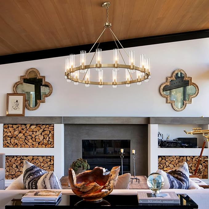 48 Inch Gold Chandelier, Wagon Wheel Chandelier with Glass Shade, 16-Lights Large Round Modern Farmhouse High Ceiling Pendant Lighting Fixture for Dining Room, Living Room, Kitchen, Foyer