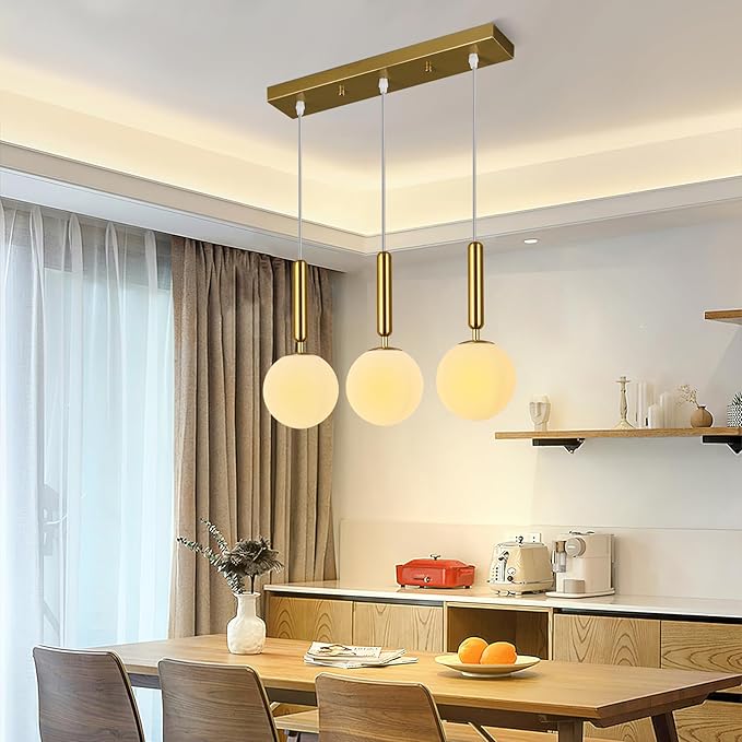 Modern Gold Pendant Light Hanging Fixture Light for Kitchen Island Mid Century with Globe Pendant Light Milk White Glass Pendant Lighting for Living Room Bedroom Entryway (3-Light)