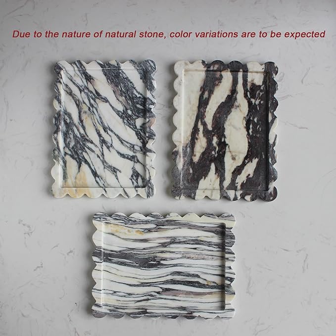 Natural Luxury Scalloped Marble Tray 10.8"x8", Rectangle Vanity Tray for Bathroom Kitchen Counter, Decorative Tray for Dresser Home Decor - Calacatta Purple