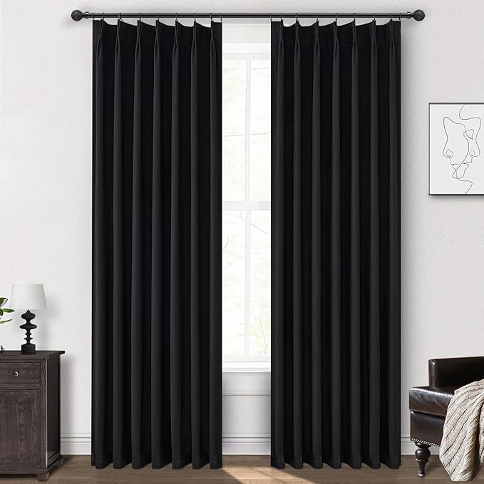 Long Black Pinch Pleat Linen Blackout Curtains 100 Inches Long for Bedroom, Modern Room Darkening Dining Room Large Windows Drapes with Hooks Thermal Heavy Curtains for Winter 40"Wx100"L 2 Panels