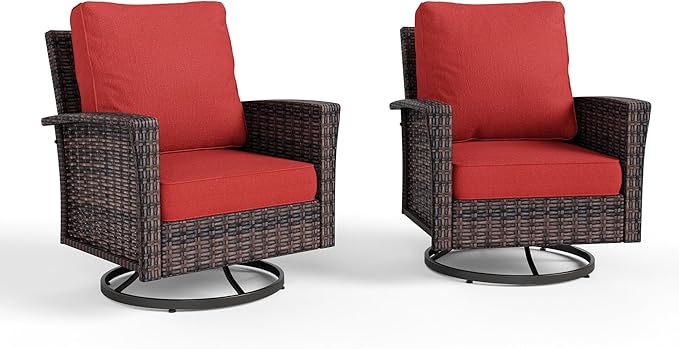 HERA'S HOUSE Outdoor Swivel Chairs with 5.5" Thick Cushions, 35" High Back Patio Furniture Sets, Oversized Wicker Rattan Chairs for Deck Balcony Backyard, Red