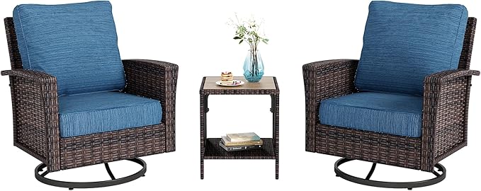Oversized Patio Wicker Chairs, High Back Outdoor Swivel Chairs Set of 2 with Rattan Side Table, 5.5" Thick Cushions, 3-Piece Patio Furniture Sets for Deck Porch Pool, Brown/Blue