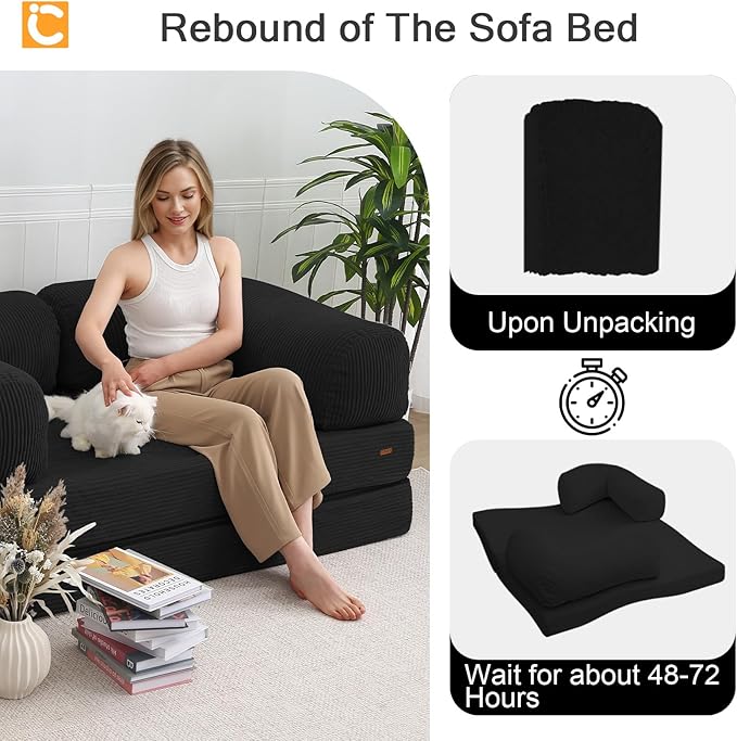 COMAX Folding Sofa Bed Queen, 4-in-1 Foldable Floor Couch Convertible Futon Sofa with Armrests Sleeper Mattress Chair Bed Comfy Portable Fold Out Lounge Guest for Living Room Bedroom, Black
