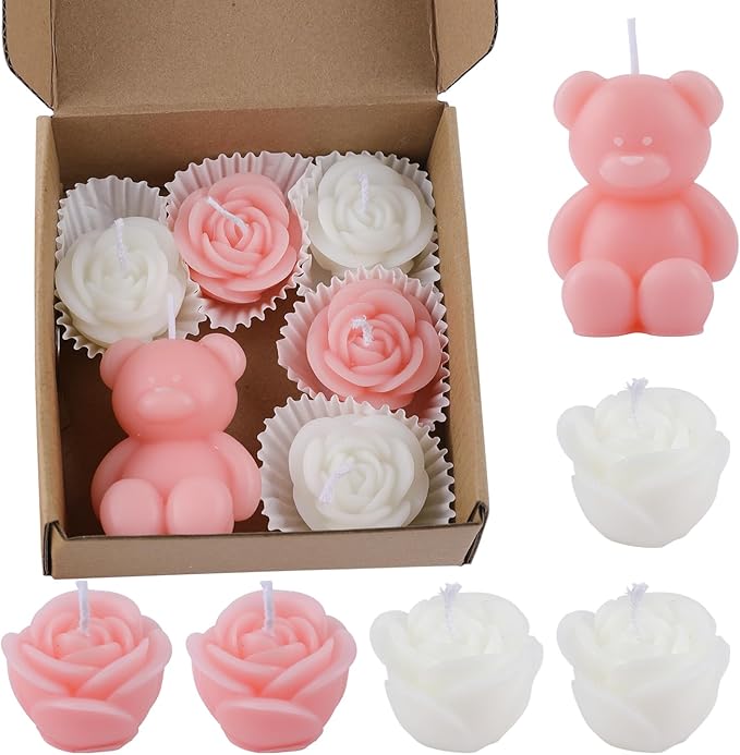 6pc Baby Shower Candle Favors for Guest DIY Floating Candles Party Favors Bulk Scented Tealight Candles Gender Reveal Gifts Return Gifts (Bear-Pink)