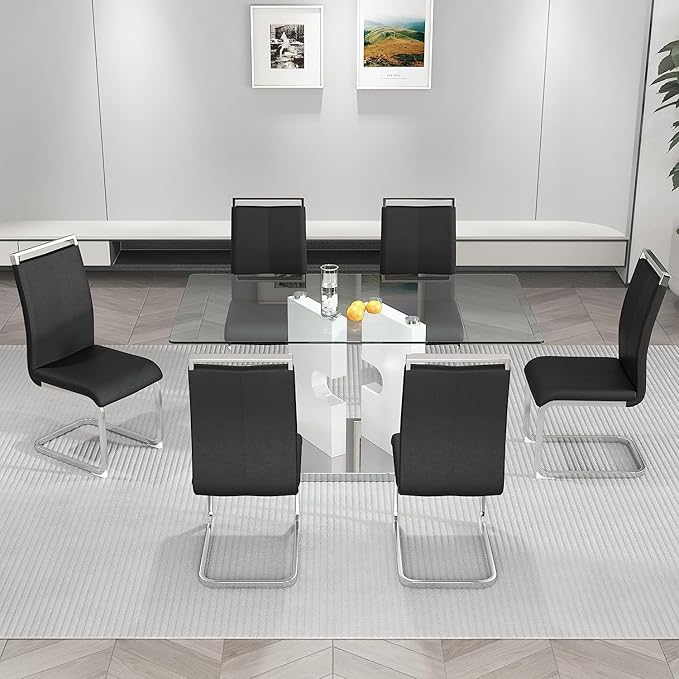Glass Dining Table Set of 6, 63" Dinner Room Glass Table Set for 6, Modern Kitchen Dinner Table Set with 6 Upholstered Faux Leather Dining Chairs for Living Dining Office Room