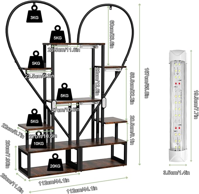 unho Plant Stand Indoor with Grow Lights, 3 Head Full-spectrum Plant Grow Lights,6 Tiered tiered plant plant shelf indoor Multiple, Half Heart Shape Plant Rack, Large Brown Plant Holder for Home Patio Balcony (2 Pack)