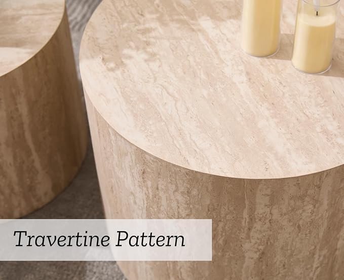 EALSON Nesting Coffee Table Set of 2 Modern Round Wood Coffee Table Circle Fluted End Tables Accent Tables for Small Space/Living Room/Bedroom, Travertine