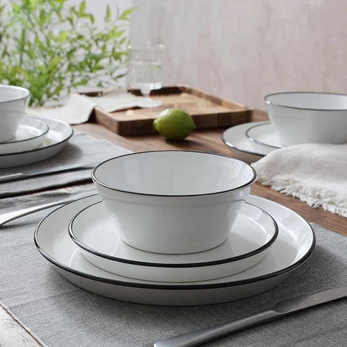 Famiware Saturn Dinnerware Sets, Plates and Bowls Sets for 4, 12 Pieces Stoneware Dish Set - Chip and Scratch Resistant, Microwave and Dishwasher Safe Tableware Set, White with Rim