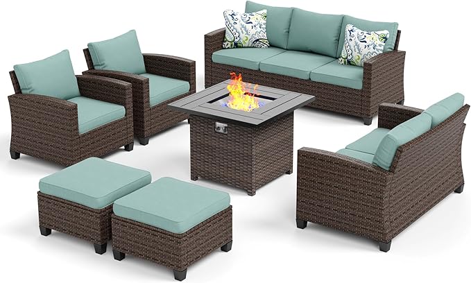 Patio Furniture Set, 7 Pcs Wicker Rattan Outdoor Conversation Set, 2 x Leg Chairs, 1 x 3 Seater Sofa, 1 x 2-Seat Lover Sofa and 2 x Ottomans with 4" Thick Cushion and 32" Fire Pit Table, Blue
