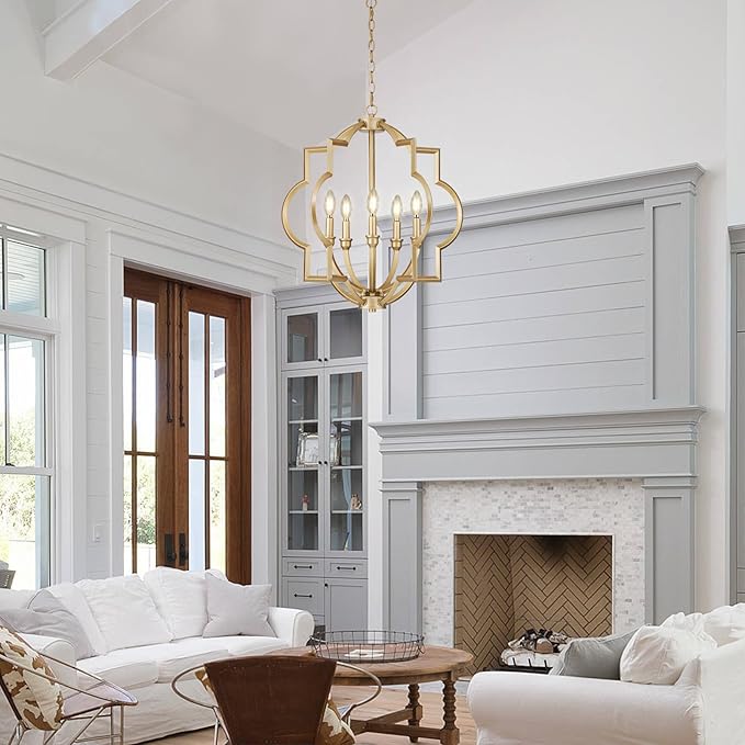 5 Light Gold Orb Chandelier for Dining Room Over Table, 22" Farmhouse Globe Pendant Light Fixtures, Rustic Ceiling Lamp for Kitchen, Living Room, Hallway, Entryway